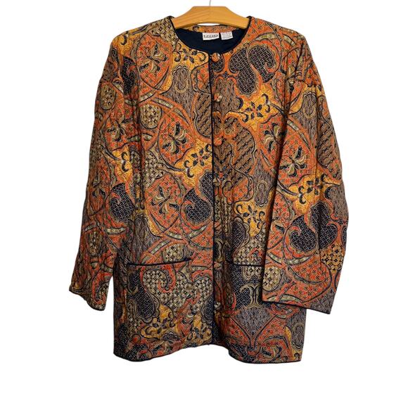 Vintage Izod Quilted Coat Barn Jacket Paisley Boho Orange Blue Hippie Retro 6 - Picture 1 of 10